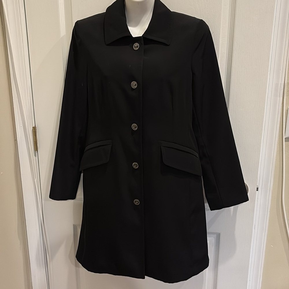 Anne Klein Black Trench Coat Jacket with Silver Turn lock Buttons Size S